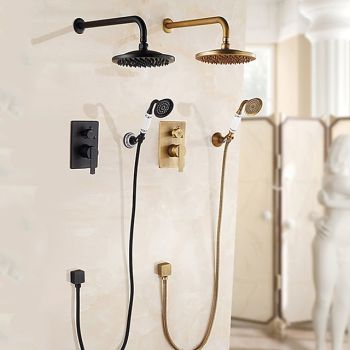 Shower Faucet Set Wall Mounted Vintage Brass, Rainfall Overhead Combo Set Bathroom Mixer Ceramic Shower Hendheld Sprayer High Pressure Black Antique Foundation of a Perfect Shower