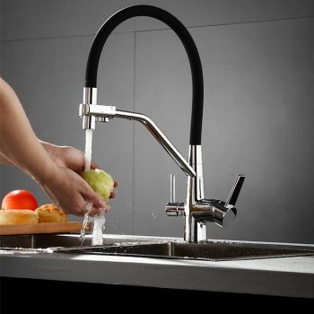 Kitchen Faucet Pull Down Spray Head, Purified Water Dual Spout Taps Sink Mixer Deck Mounted,  360 Rotating Twin Handle High Arc Flexible Tube Vessel Brass Tap Pull Down Kitchen Faucets