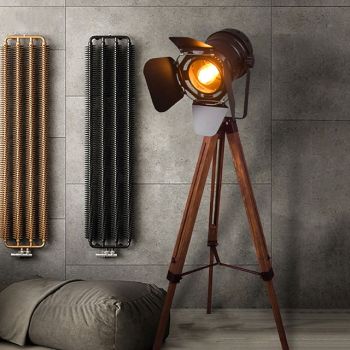 Cinema Projector Floor Lamp, Farmhouse Tripod Lamp for Bedrooms Vintage Steampunk Adjustable 59" Black Metal Camera Wooden High Lights for Study Corner, Office,Brown