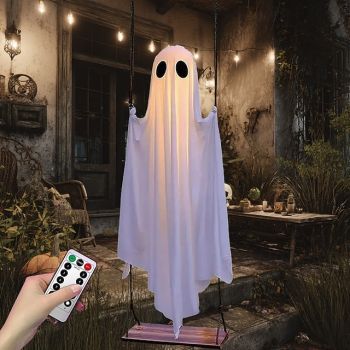 1 Pc 1.5M/5FT Halloween Hanging Swing Light up Cute Ghosts Indoor and Outdoor Front Gallery Courtyard Party Halloween Festival Atmosphere Decorative Light AAA Battery Box Remote Control