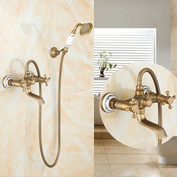Traditional Shower System Faucet Set with Bathtub Spout with Heldhand Handshower Spray, Vintage Brass Dual Spout Wall Mounted Ceramic Mixer Valve Foundation of a Perfect Shower