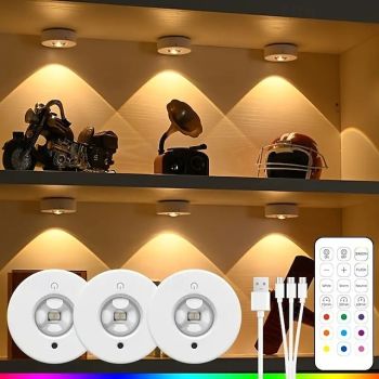 3pcs Rechargeable LED Under Cabinet Light with Remote, Spotlight RGB Color Changing Warm & Neutral White Options Adjustable Brightness Magnetic Mount For Easy Installation for Halloween
