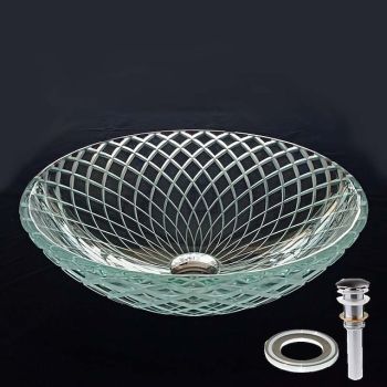 Round Basin Sink 16.5 inches, Tempered Glass Crystal Vessel Sink with Pop Up Drain and Mounting Ring, Washroom Art Basin Countertop Artistic Above Counter Vanity Bowl Washbasin Art