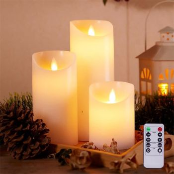 LED Candles Flameless Flickering Pillar Candles with Remote and Timer Bfor Halloween Battery Operated 3D Wick Real Wax Ivory Warm Light Pillar Candles for Decoration Set of 3(D3 x H456 Inch)