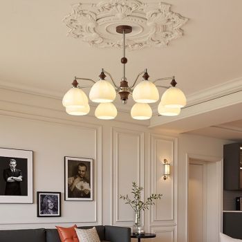 LED Pendant Light 3/6/8Head Mid Century Modern E27 Chandelier Large White Globe Sputnik Vintage Brass Flush-Mounted Ceiling Light Kitchen Island Pendant Light Frosted Glass Ball Pendant Lamp 110-240V