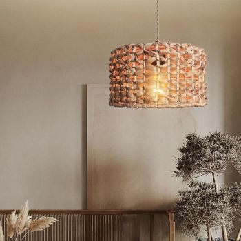 Hanging Swag Ceiling Lamp Twine Natural Rattan Lampshade Portable Pendant Light Dimmable Modern Farmhouse khaki Cord Chandelier Instant on Swag Lamp