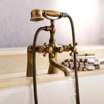 Antique Brass Wall Mounted  Shower Faucet, Two Handles Two Holes Bathtub Shower Mixer Taps Contain with Handshower and Valve and Hot/Cold Water Durable Bathtub Faucet