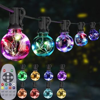 Globe String Lights Outdoor 15m 25LEDs 20Modes Patio Lights with 25 Waterproof Shatterproof RGB Color Changing Bulbs(2 Spare) G40 Globe String Lights for Outside Backyard Porch Balcony Party Decor
