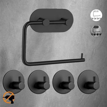 Self Adhesive Toilet Paper Holder and 4pcs Robe Hooks Stainless Steel Contemporary Bathroom Accessory Set Wall MountedBath Hardware