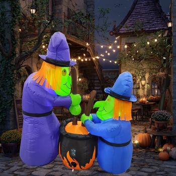 1 Pc 1.5M/5FT Halloween Two Witch Mixing Jars LED with Light Inflatable Air Model Indoor and Outdoor Courtyard Lawn Garden Party Atmosphere Decorative Light EU/US/UK/AU Plug