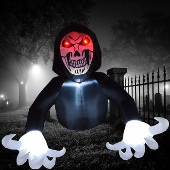 1 Pc 2.1M * 1.8M Halloween Ghost Face Red Eyes Black Clothes Man LED with Light Inflatable Air Model Indoor and Outdoor Courtyard Garden Lawn Party Horror Weird Atmosphere Decorative EU/US/UK/AU Plug