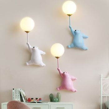 LED Wall Lights Little Cartoon Balloon Bear Cute Wall Lamp for Boy Girl Children's Room Bedroom Wall Sconces with 3D Printing Moon Wall Sconce Lighting