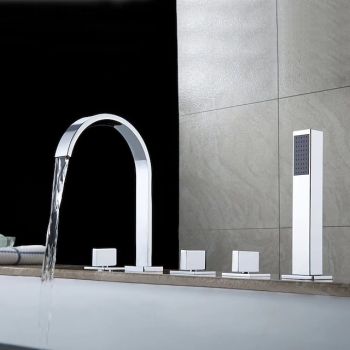 Bathtub Faucet Multi-hole Deck Mounted with Heldhand Showerhand, Bath Tub Filler Mixer Brass Taps 5 Hole 3 Handle Chrome Durable Bathtub Faucet