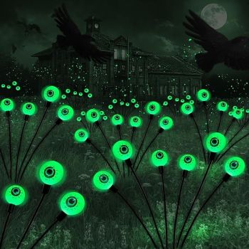 Halloween Decorations Outdoor Solar Scary Eyeball Lights,2 Pack 12 LED Green Eyeball Swaying Firefly Lights,Waterproof Solar Halloween Path Lights for Yard/Garden/Lawn/Party Decor