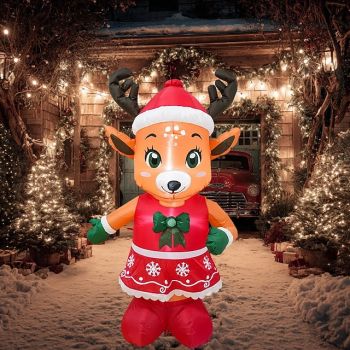1 Pc 1.55M * 0.9M 2025 Christmas Wearing Christmas Hat and Skirt Cute Reindeer with Light Inflatable Air Model Indoor and Outdoor Courtyard Garden Party Atmosphere Decorative Light EU/US/UK/AU Plug
