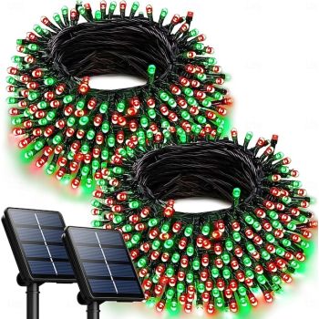 2pcs 10M 100LED Solar String Lights – Red & Green Waterproof Outdoor String Lights for Christmas Courtyard Garden Balcony Fence Christmas Tree Festive Atmosphere Decorative Light String