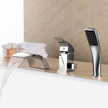 Waterfall Bathtub Faucet Deck Mounted, Bath Tub Filler Mixer Tap Set Handheld 3 Hole 2 Spout with Hand Sprayer, Brass Shower Ceramic Valve Kit Bathroom Durable Bathtub Faucet