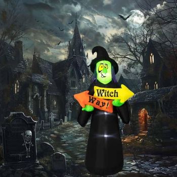 1pc 8Ft Halloween Inflatable Witch Holding Signs with LED Lights, Inflatable Halloween Decorations Outdoor and Indoor, Halloween Blow up Yard Decorations