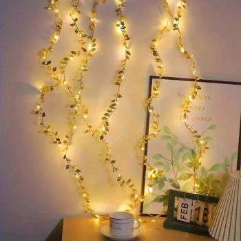 Green Leaf LED String Lights 2m 20LEDs Gold Leaf Fairy Lights for Windows Balcony Garden Indoor Outdoor Garden Valentine's Day Ramadan Wedding Party Decoration