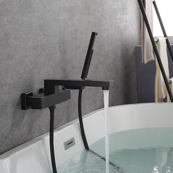 Bathtub Faucet Black Wall Mounted, Bathroom Faucet Bath Roman Tub Filler Mixer Tap Brass, 2 Hole Sprayer with Cold Hot Water Hose Durable Bathtub Faucet