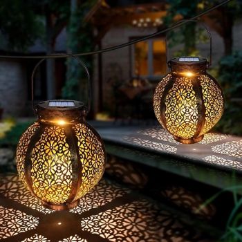 Ramadan Eid Lights Solar Lights Outdoor Hanging Solar Vintage Garden Lamp Retro Lanterns Hollow Solar Lights With Handle For Yard Tree Fence Patio Landscape Garland Lighting