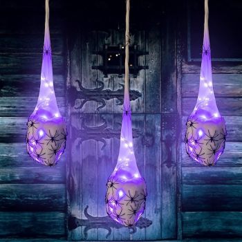 3 Pack Hanging Light Up Spider Egg, Halloween Decoration, Sacs Large Halloween Spider and Spider Web with Solar String Light Spider Props for Halloween Indoor Outdoor Party Decor