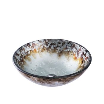 Round Bathroom Sink Set 16.5" X 5.7", Artistic Vanity Sink Bowl Golden Pattern Tempered Glass Finish Art Basin Above Counter Sink Brass Vessel Sink Washbasin Art