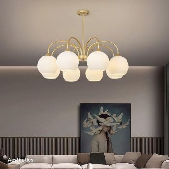 LED Pendant Light 65/85cm 6/8-Light Mid Century Modern E27 Chandelier Large White Globe Sputnik Vintage Brass Flush-Mounted Ceiling Light Kitchen Island Pendant Light Frosted Glass Ball Pendant Lamp 110-240V