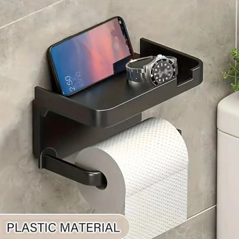 1pc Wall Mounted Toilet Paper Storage Rack & Mobile Phone Holder Self Adhesive Toilet Paper Holder With Phone Shelf  Upgrade YourBathroom With Rustproof And Bathroom Washroom  Black Tissue RackBath Hardware