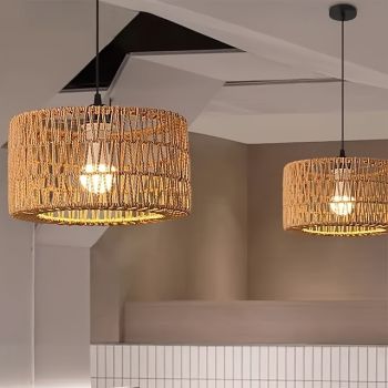 Country Vintage Pendant Light, Metal Braided Rattan Ropel, 17cm Height, Warm White/White Light, E26 E27, Adjustable Chain, for Kitchen Island Dining Room Bedroom Restaurant