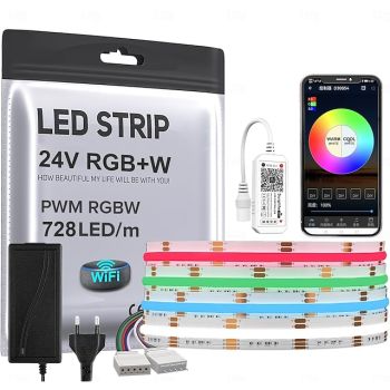 COB LED Strip RGBW Four in One 24.6FT DC24V Color Changing Flexible High-density Uniform Light Suitable for Home Interior Decoration Paired with WIFI APP Music Intelligent Controller 728LED/m