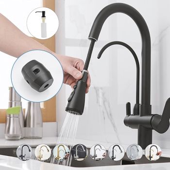 Kitchen Sink Mixer Faucet Pull Out Sprayer with Soap Dispenser, 360 swivel Black Single Handle Brass Taps Pull Down, Deck Mounted Hot Cold Water Hose Filter Tap Pull Down Kitchen Faucets