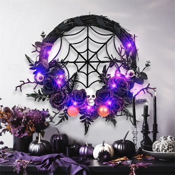 Halloween Wreath with Faux Skull and Christmas Ornaments - Spooky Purple Floral Vine Door Hanging for Haunted House and Scary Party Decor
