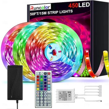 49.2ft LED RGB Light Strips  3x5m 5050 SMD 450 Leds Waterproof 10mm Fexible Strip Light Tape Color Changing with 44key IR Remote Controller Kit DC 12V