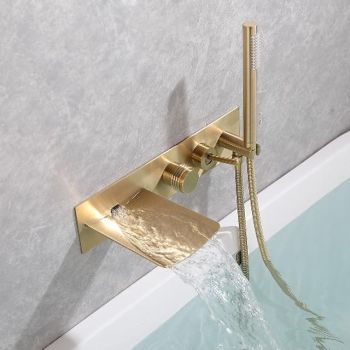 Bathtub Faucet,Brass Brushed Gold/Black Wall Installation Waterfall Included Handshower of Spray Type Bath Shower Mixer Taps with Hot and Cold Water Durable Bathtub Faucet