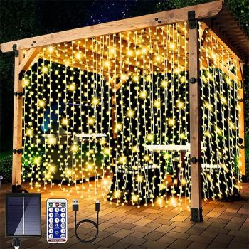 300LEDs Solar Curtain Lights Outdoor Indoor Solar String Lights Outdoor Waterproof Fairy Window Lights Twinkle Lights 8 Modes Christmas Decoration for Home Garden Patio Wedding Party