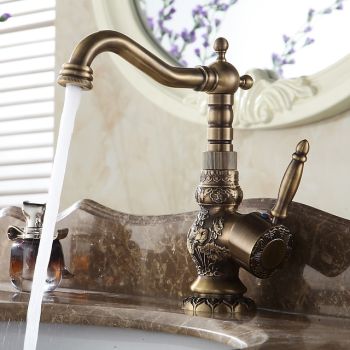 Antique Brass Bathroom Sink Mixer Faucet, Vintage Kitchen Taps Single Handle One Hole, 360 Rotatable Retro Vessel Taps with Hot and Cold Hose