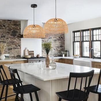 Country Vintage Dome-Shaped Rattan Pendant Light, Hand-Woven Braided Rope, Warm White/White Light, E26/E27, Adjustable Chain