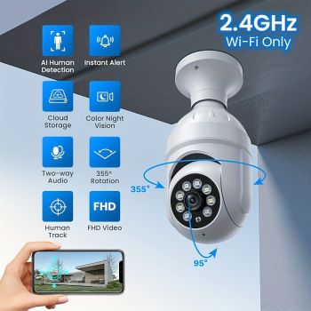 A6 Light Bulb Camera HD Full Color Night Vision Security Surveillance Camera 360 Degree Wireless Wifi Camera E27 Light Bulb Security Camera Human Detection and Human Track