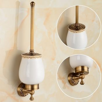 Toilet Brush with Holder,Antique Brass Ceramics  Wall Mounted Rubber Painted Toilet Bowl Brush and Holder for Bathroom Bath Hardware