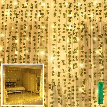 12Pack Artificial Ivy Leaf Plants with 240 LED Window Curtain String Lights Fake Plants Vine Hanging Garland Hanging for Wall Party Wedding Room Home Kitchen Indoor & Outdoor Decoration