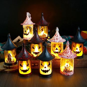 Halloween Pumpkin Lantern Electronic Candle Light Jack O Lantern Light Up Pumpkin Night Lamp Wind Lamp Grimace Pattern Halloween Party Atmosphere Decoration 1/3/5pcs