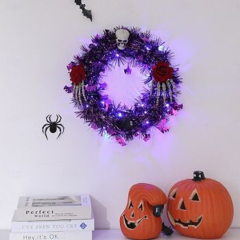 1 Pc diameter 35CM Halloween LED Rose Ghost Skull Luminous Wreath Indoor and Outdoor Entrance Door Ghost Festival Party Simulation Vine Ring Black Rose Door Hanging Vine Ring