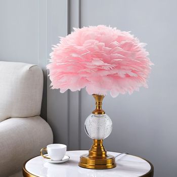 Pink Feather Table Lamp, Modern Bedside Light Iron Feather Lamp Bedroom Desk Night Light Lampshade Decorations