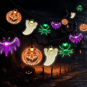 Solar Halloween String lights Outdoor Waterproof Ghost Light 6.5m 30LEDs Lighted Pumpkin Bat Ghost Spider Outdoor Decor Solar Halloween Lights for Family Party Patio Decoration