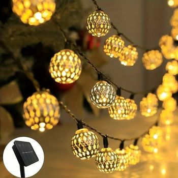 Solar Christmas Iron Ball Fairy String Lights 30/50/100LEDs Outdoor Waterproof Garden Lights New Year Xmas Wedding Party Garden Balcony Tree Hanging Lights Camping Landscape Lights