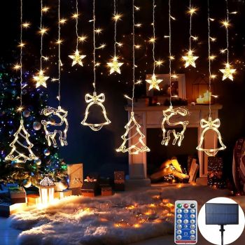 Solar Remote Control Christmas Curtain Light 3.5m Outdoor Waterproof Elk Bell Christmas Curtain String Lights Bedroom Window Balcony Garden Party Garland Light Outdoor Camping New Year Xmas Decor
