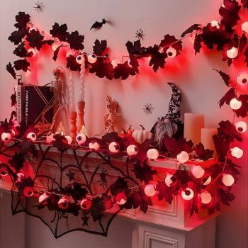Halloween LED Maple Leaf Eyeball String Lights 3m 20LEDs Battery Powered Indoor and Outdoor Scene Atmosphere Dress Up Props Decorations