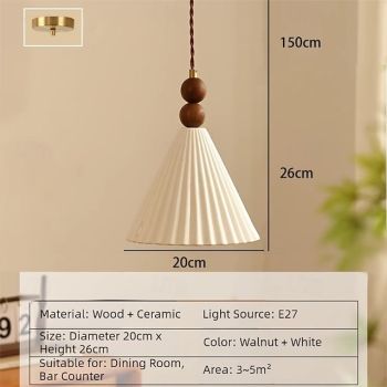 Pleated Fabric Tapered Pendant Light, Ceramic Wood Pendant Light, Hanging Lamp for Dining Room, Restaurant, Bar, Bedroom 85-265V