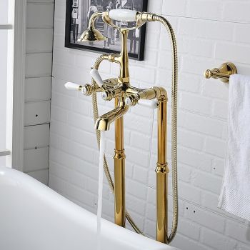 Bathtub Faucet - Retro Vintage Electroplated Free Standing Ceramic Valve Bath Shower Mixer Taps Durable Bathtub Faucet